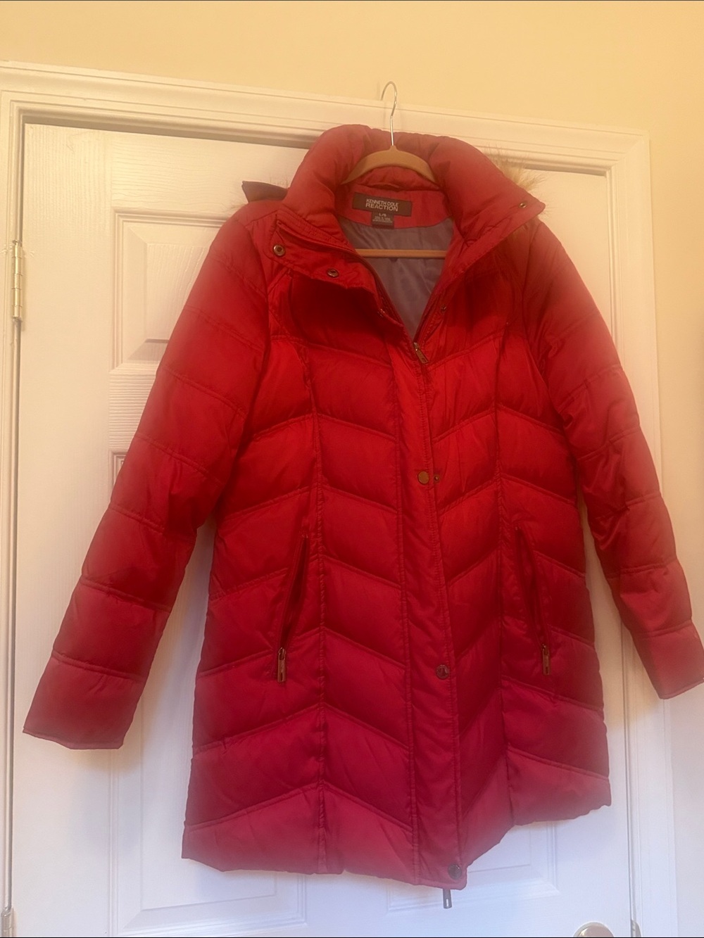Kenneth Cole Red Chevron Puffer Coat with Removable Fur Hood.